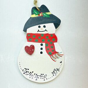 Vintage Christmas Ornament Snowman Scarf  Wood Handmade Hand Painted Dated 1994